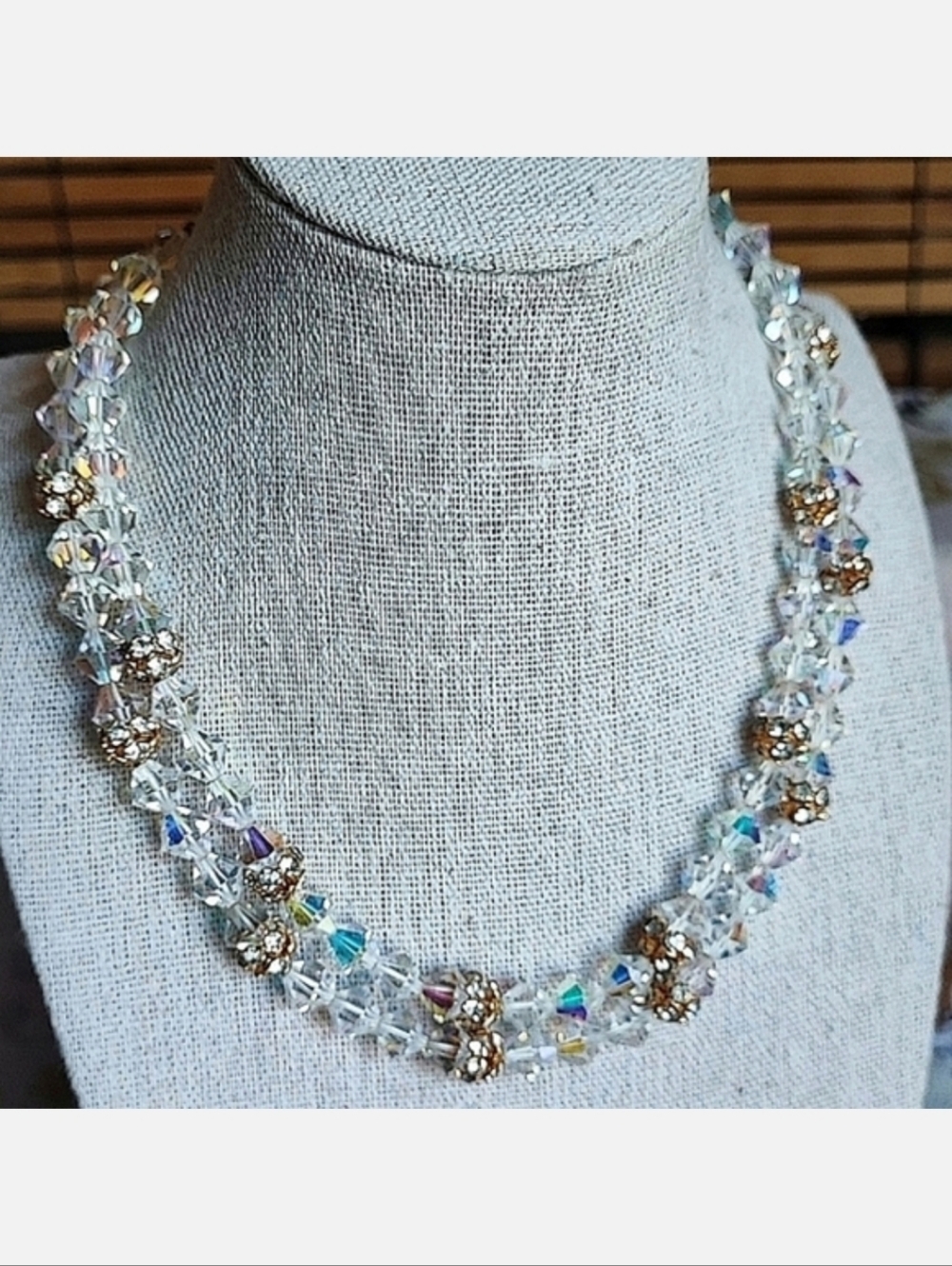 Heavily Faceted Vintage Large Bicone Aurora Borealis Clear Crystal Dual Necklace